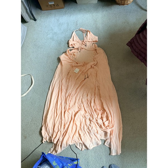Free People Summer Peach Lilli Maxi Dress Halter Neck Side Slits Tie Back Size M - Picture 6 of 9